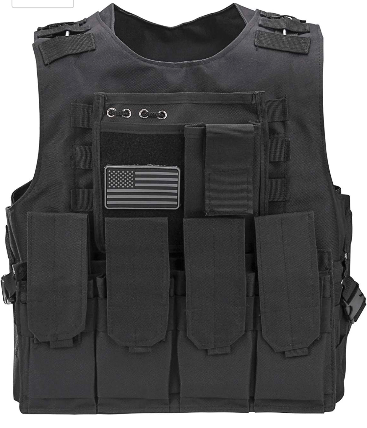 Kids Airsoft Tactical Plate Carrier Vest with Free US Flag Patch, Mil Spec 1000D Nylon PALS Molle Modular w/ 4 Mag Pouches, Side Pouch, Chest Mag Pouch